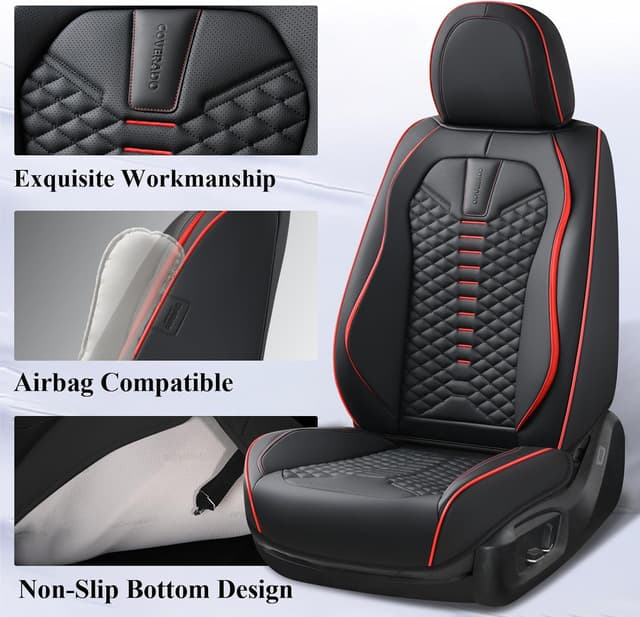 Detalle 2 de Coverado Coverado Seat Covers Full Set (Waterproof Nappa Leather), Universal 5-Seat Car Protectors for Most Cars—Black & Red