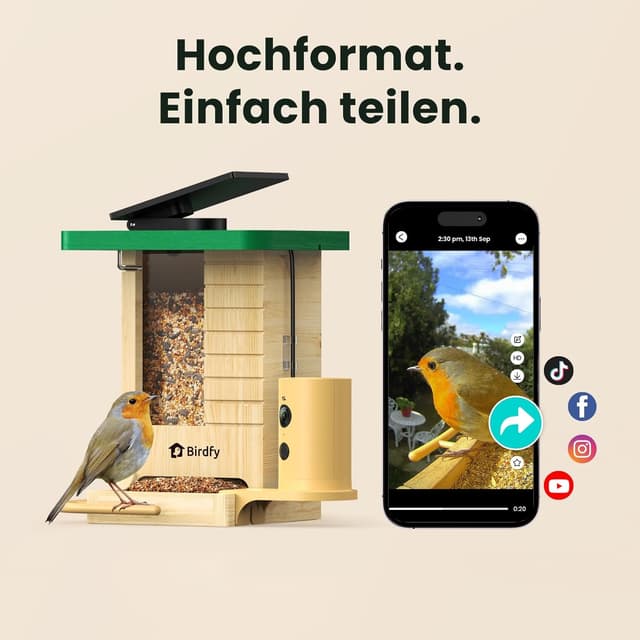 Detalle 1 de Birdfy Smartes Vogelfutterhaus mit Kamera (1080P, Solar, KI-Erkennung für 6.000+ Vogelarten) im Hochformat