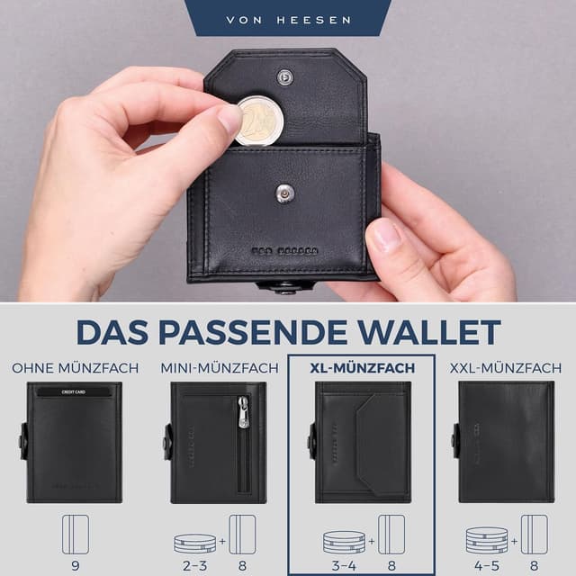 Detalle de VON HEESEN Slim Wallet mit XL Münzfach & RFID-Schutz – kleine Leder-Geldbörse für Karten & Bargeld (Schwarz, glatt)