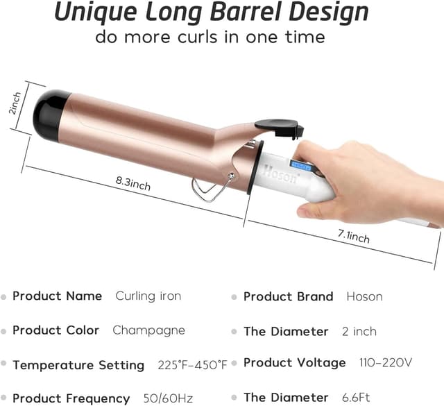 Detalle 1 de Hoson 50mm Curling Tongs (Large Barrel) for Long Hair – Ceramic Tourmaline Coating, Dual Voltage & LCD Display