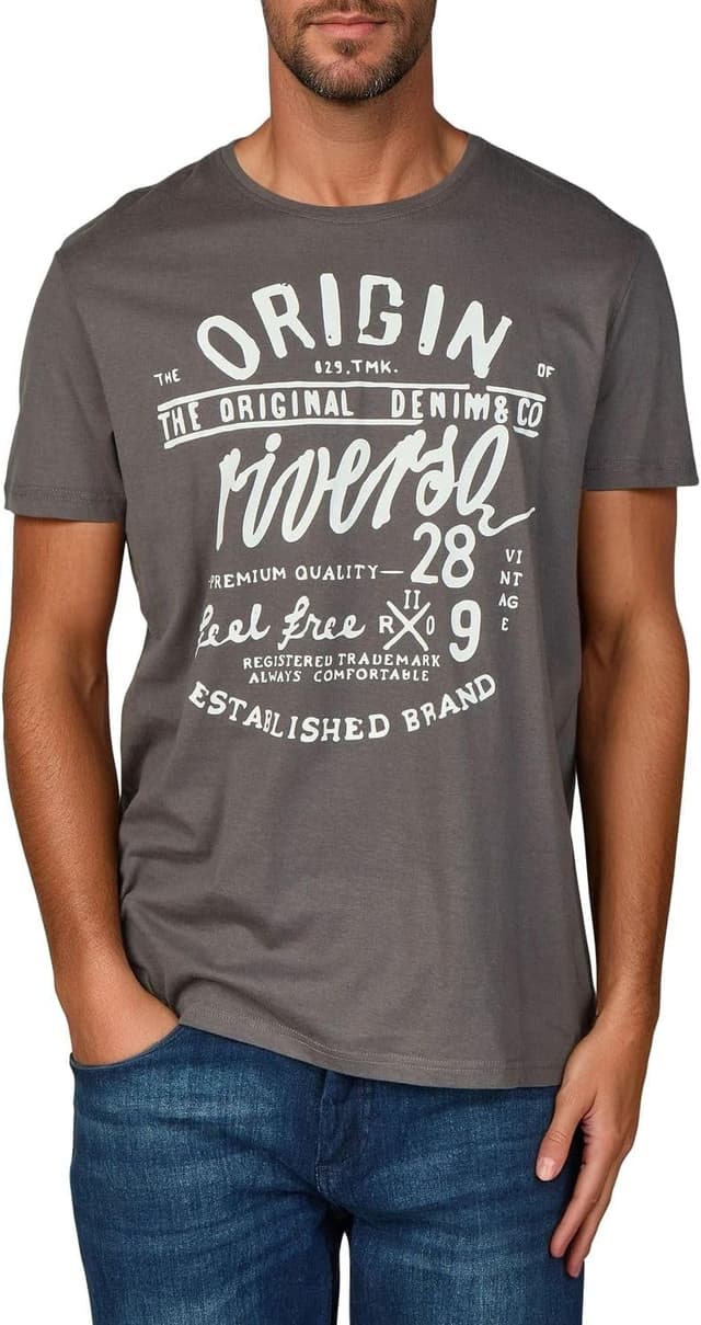 Detalle de riverso Herren T‑Shirt Regular Fit RIVLeon im 4er Set – Baumwolle mit Rundhals und Brust-Print