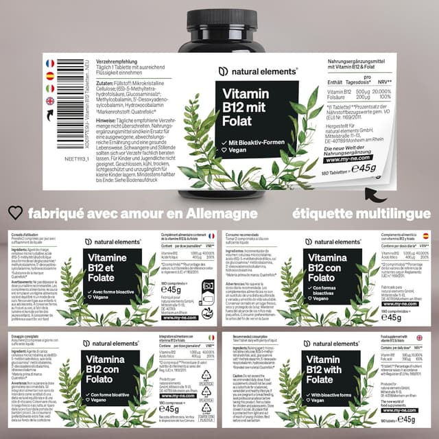 Detalle 1 de Vitamine B12-180 comprimés végétaliens – 500 µg B12 et 200 µg d’acide folique (6 mois)