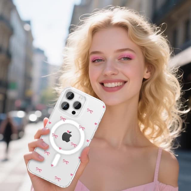 Detalle de ZTOFERA Magnetische Hülle für iPhone 13 Pro Max (6,7") – transparente TPU-Schutzhülle mit Herz- und Schleifenmotiv, MagSafe-kompatibel