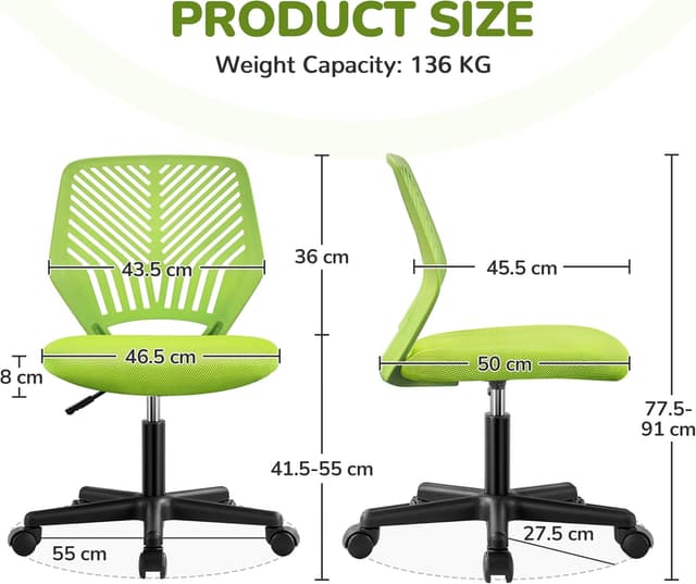 Detalle de Yaheetech sedia ufficio girevole senza braccioli in rete traspirante, altezza regolabile (portata 136 kg) verde