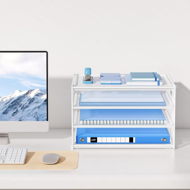 Detalle de Marbrasse Schreibtisch Organizer mit 4-stufigem Metall-Netz (blau) – Briefablage für Büro, Zuhause & Schule