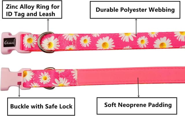 Detalle de Olahibi Basic Dog Collar (S) Padded Neoprene Polyester Webbing with Daisy Pattern