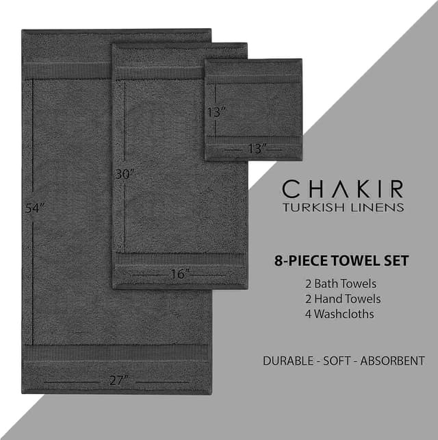 Detalle 2 de Chakir Turkish Linens Hotel & Spa Quality 100% Cotton Premium Turkish Towels, Dark Gray (8-Piece Set)