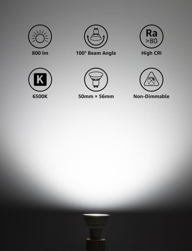 Detalle de Lepro GU10 LED Bulbs (Cool White 6500K, 800lm, 8W) – 5 Pack, 100° wide beam, non-dimmable