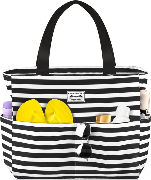 Detalle de HOMESPON Large Waterproof Beach Tote Bag (Zip, Pockets, Foldable) – Black and White Stripes