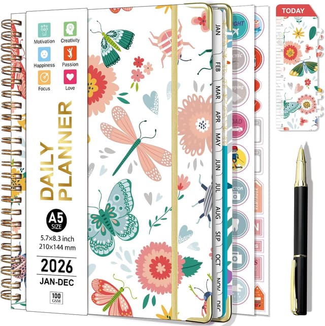 Detalle de NEYSA Agenda 2026 semainier spirale A5 (janvier à décembre) avec stickers, onglets mensuels et pochette