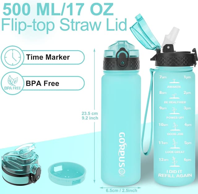 Detalle de GOPPUS 500ml Kids Water Bottle (Straw + Flip-Top Lid) with Strap, Leakproof, BPA Free, Time Markings (Green)