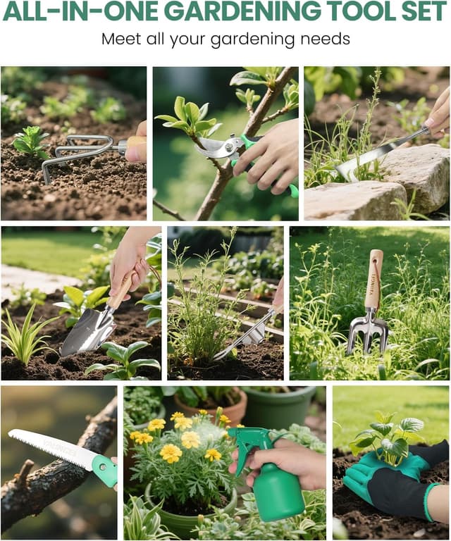 Detalle de Set di attrezzi da giardinaggio YAUNGEL da 10 pezzi con teste in acciaio inox e manici antiscivolo