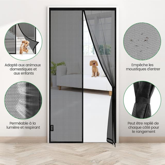 Detalle de Hautement Ignifuge moustiquaire porte à fermeture automatique par aimants – 95 x 200 cm, maille fine noire