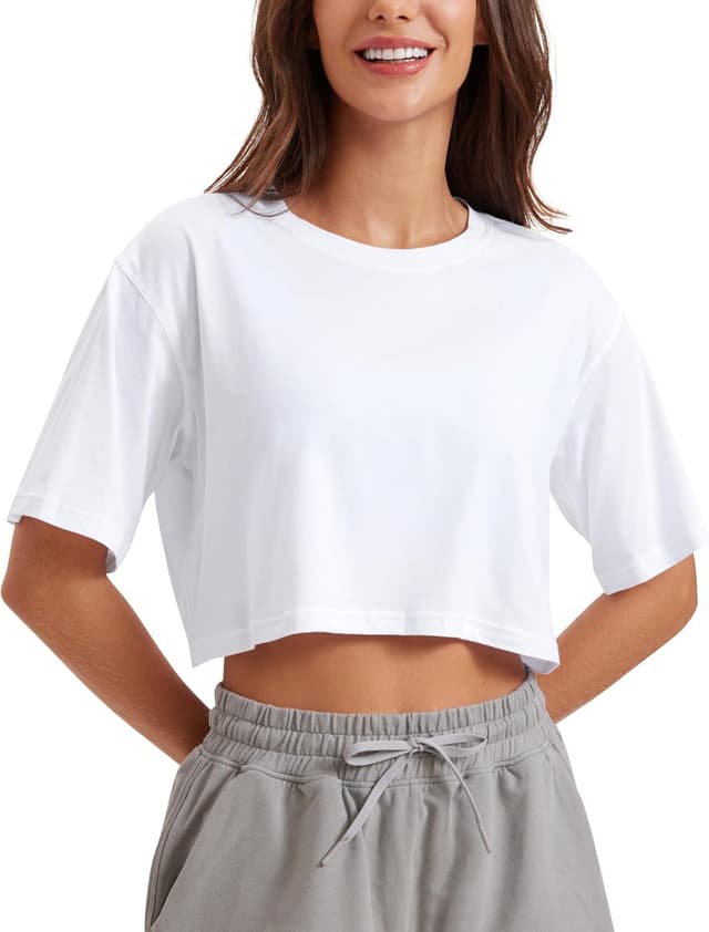 Detalle de CRZ YOGA Women’s Pima Cotton Loose Cropped T-Shirt (R772), short sleeve
