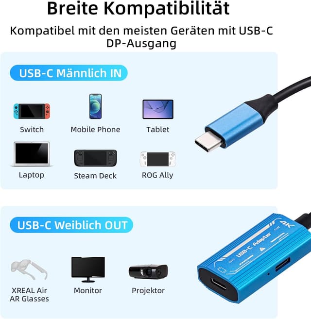 Detalle de Mcbazel USB‑C Adapter für AR‑Brillen: 4K@60Hz, 100W PD Schnellladung (USB‑C Male auf Female)