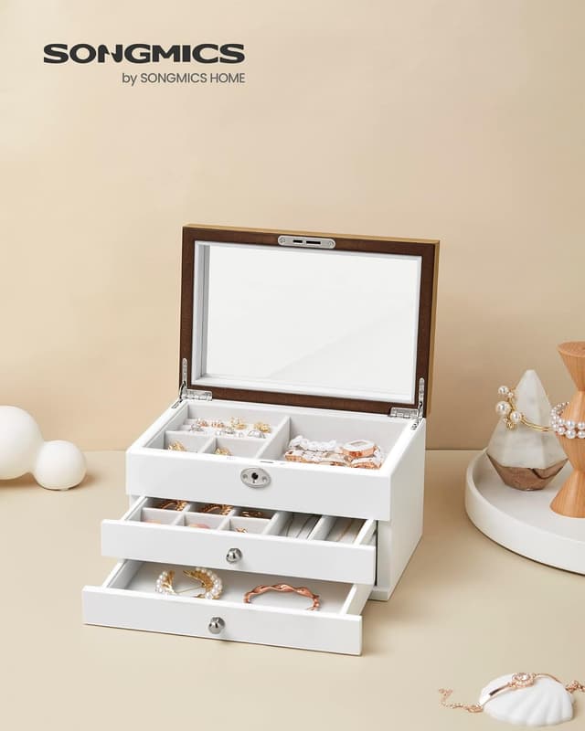 Detalle de SONGMICS Schmuckkästchen JOW15WN mit großem Spiegel, 3 Ebenen und 2 Schubladen, abschließbar (weiß-holzfarben)