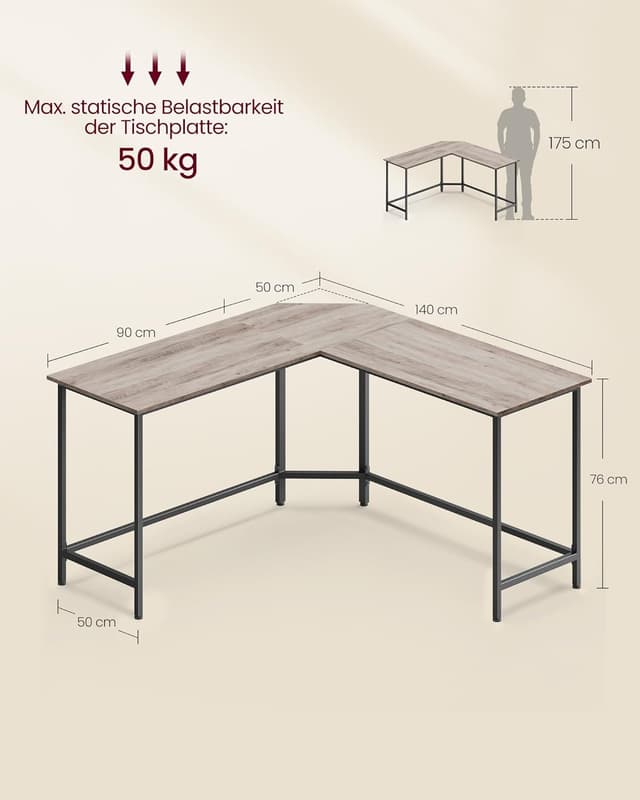 Detalle de VASAGLE L-förmiger Schreibtisch (140 x 140 x 76 cm) für die Ecke – platzsparender Eck- & Gaming-Tisch Greige meliert-tintenschwarz