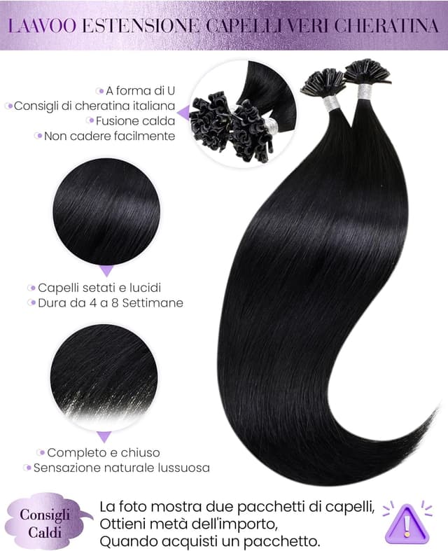 Detalle de LaaVoo Extension Capelli Veri in Cheratina Nero Jet 45 cm (50 g, 50 ciocche) – Tip a U pre-bonded