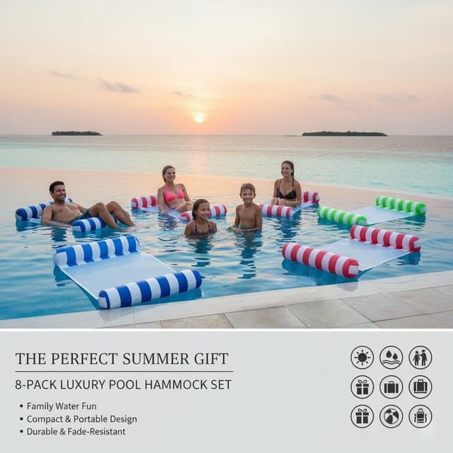 Detalle de Auspicious Rain 3/5/8 Pack Pool Hammock Water Float (4-in-1) — Non-Stick PVC Multi-Purpose Lounger