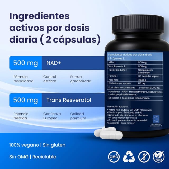 Detalle de SENEXIS Nad Resveratrol Puro 1000 mg (60 cápsulas veganas): apoyo de energía celular y cognición