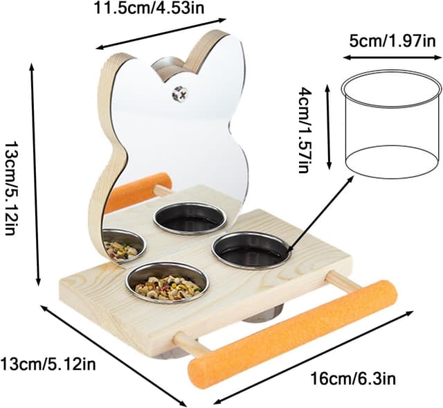 Detalle 2 de Vogelspiegel mit Sitzstange und 2 Fütterungstassen – Spiegel-Kauspielzeug aus Holz für Papagei & Co.