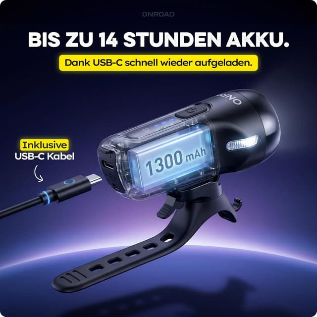 Detalle 2 de XENOX ONROAD Fahrradlicht vorne mit automatischer Lichtanpassung, 70 Lux und USB‑C