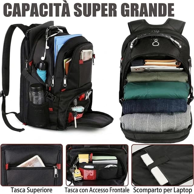 Detalle de MATEIN Zaino Zaino Uomo Grande 50L con porta PC da 17 pollici, impermeabile e con USB esterna (nero)