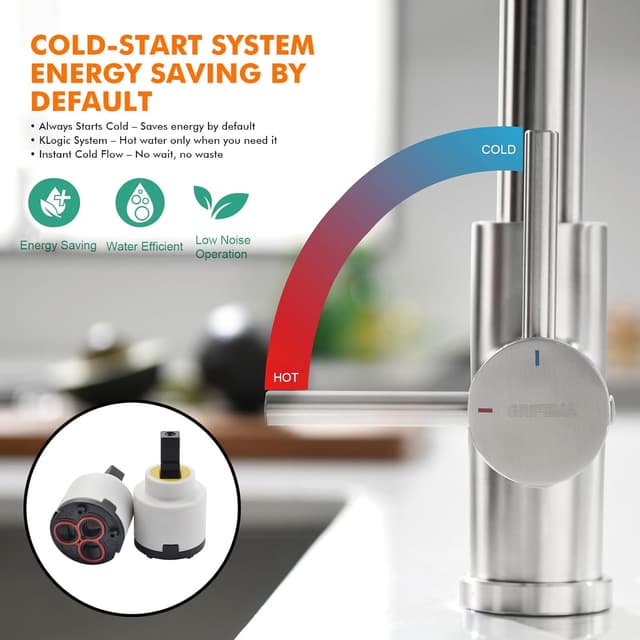 Detalle de GRIFEMA G4008 Kitchen Sink Tap Mixer with Single Lever and High Arc 360° Swivel (Stainless Steel, Chrome finish, A+)