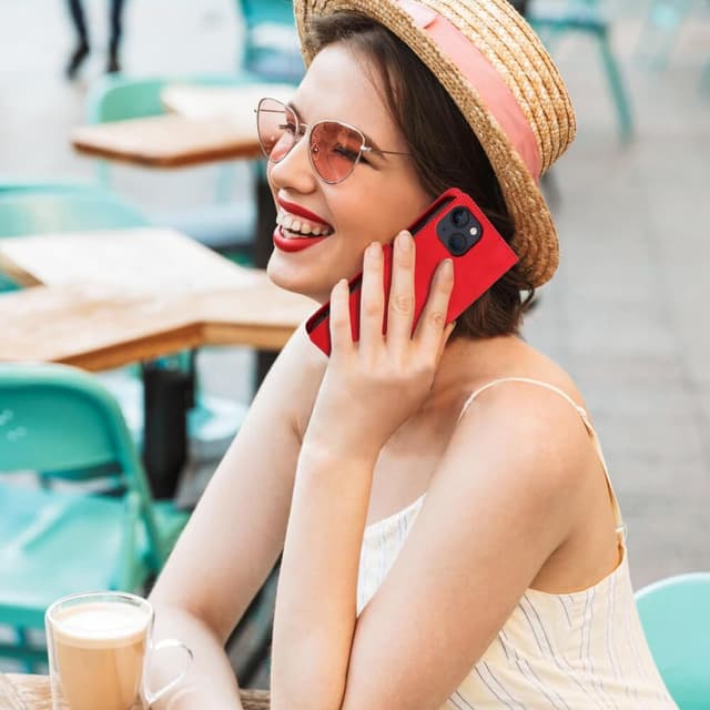 Detalle de GOTOURED Handyhülle für iPhone 13 mit Klappverschluss, RFID-Blockierung, Kartenfächern, Handgelenksgurt und Ständer (Rot)