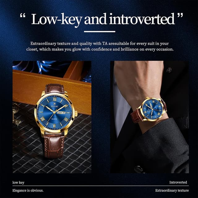 Detalle de Taxau Herrenarmbanduhr aus Leder mit großem Zifferblatt, Quarzwerk und Datumsanzeige