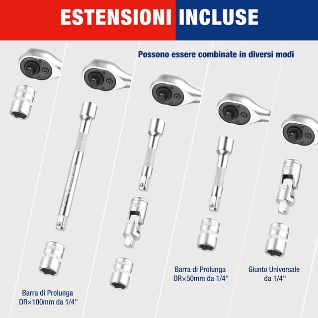 Detalle de WORKPRO Set da 34 bussole e bit con cricchetto 2-in-1, prolunga e snodo universale
