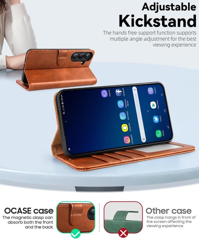 Detalle 2 de OCASE Kompatible Hülle für Samsung Galaxy S25 Plus 5G – klappbare Lederhülle mit Magnetverschluss, RFID & Kartenfächern (hellbraun)