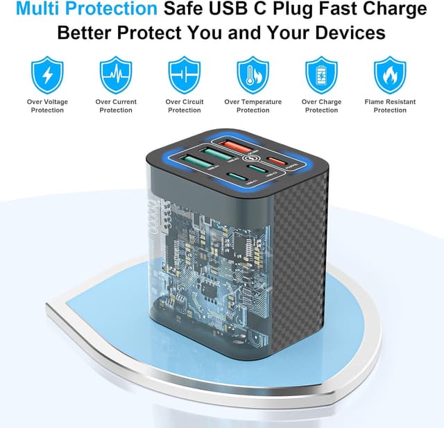 Detalle de USB C Plug 50W 6-Port Fast Charger (UK PD + QC) Black — Multiport Type C wall charger adapter