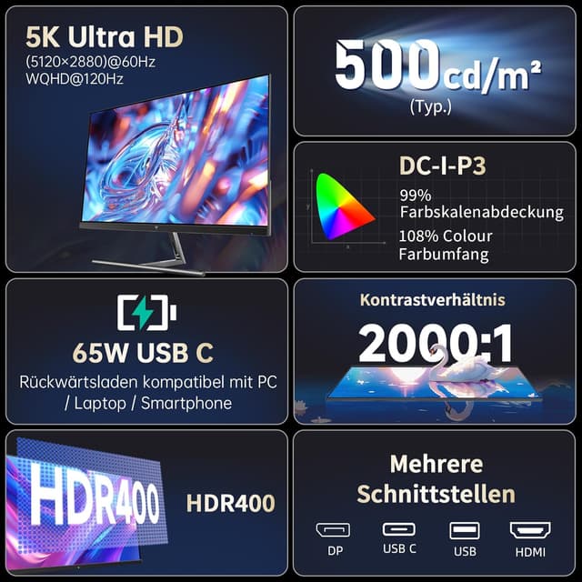 Detalle 2 de KTC 5K Monitor 27 Zoll Dual-Mode 5K/2K | 99% DCI-P3, HDR400 & Dual-Mode Umschalten (Mac Mini kompatibel)