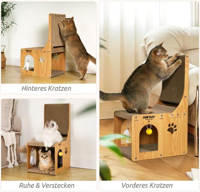 Detalle 2 de Pawtasy Kratzbrett Katzen Kratzpappe 2-in-1 für Wand & Ecke inkl. Ballspielzeug