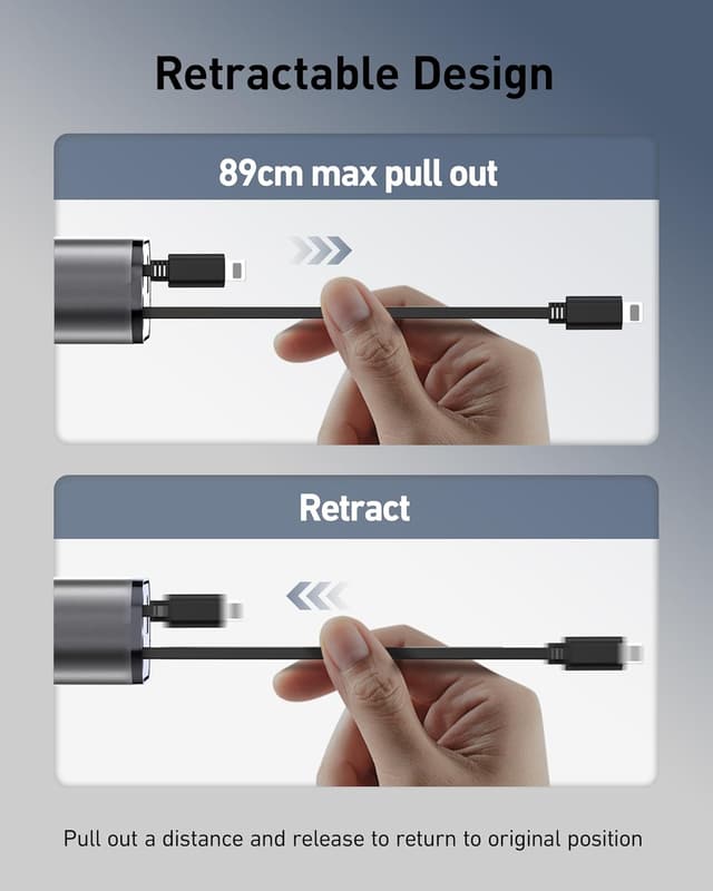 Detalle 2 de Retractable Car Phone Charger 4-in-1 20W USB 12V Car Adapter with 2 Retractable Cables