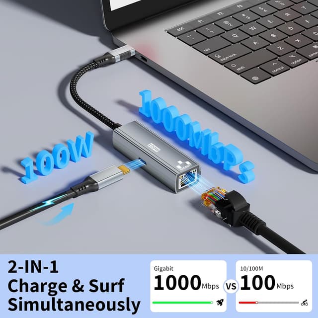 Detalle de Esiposs 2-in-1 USB-C auf Gigabit-Ethernet Adapter mit 100W Power Delivery (RJ45) – 1 Gbit/s, Grau