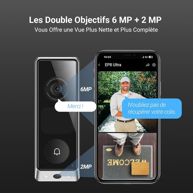 Detalle de EZVIZ Sonnette sans fil extérieure étanche EP8 Ultra avec carillon, double caméra 6MP+2MP et écran interactif