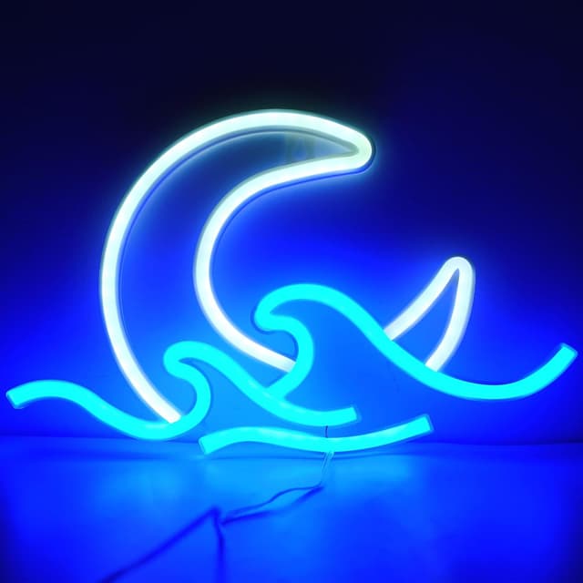 Detalle de WIOSOUL Moon Wave Neonschild – blauer Mond über Meer als LED-Wandleuchte (USB oder 3×AA, 29,5 × 18 cm)