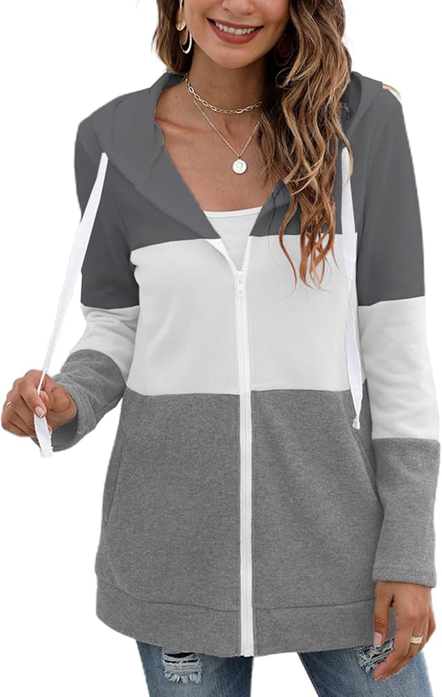 Detalle de iChunhua Ladies Zip Up Long Sleeve Hoodies with Pockets – lightweight triple colour block zip hoodie
