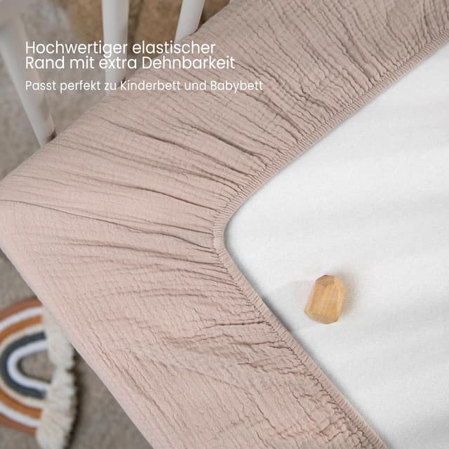 Detalle de lulumoon 2er-Pack Musselin-Spannbettlaken 60x120/70x140 cm aus Oeko-Tex Baumwolle (Regenbogen Rosa)