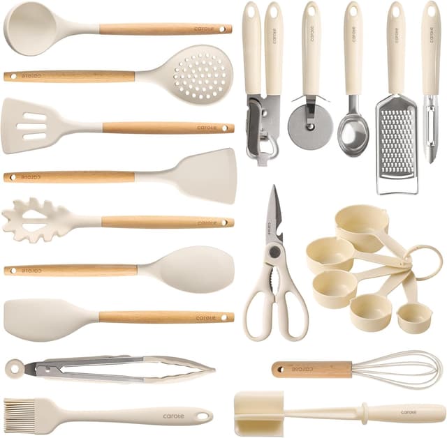 Detalle de CAROTE 22-Piece Silicone Cooking Utensils Set (Up to 446°F) with Wood-Style Handles
