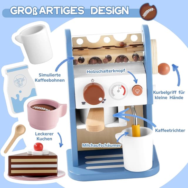 Detalle de GAGAKU Kinder-Kaffeemaschine aus Holz mit Sound und Zubehör (15-teilig) – Spielküche für Barista-Rollenspiel ab 3 Jahre, blau