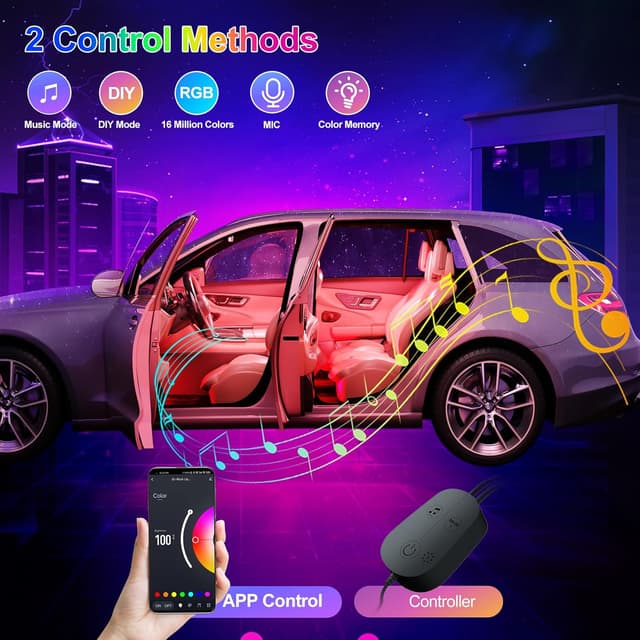 Detalle de YiLaie Car LED Interior Lights (DC 12V) with APP control, music sync and 16 million colours
