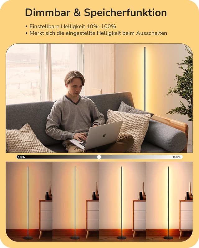 Detalle de EDISHINE 2er-Set Stehlampen für Wohnzimmer LED dimmbar, 3000K, höhenverstellbar bis 146 cm (schwarz) – inkl. Memory-Funktion