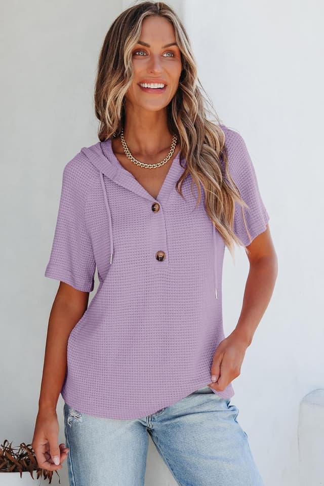 Detalle de Dokotoo Waffle Knit V-Neck Drawstring Hoodie Top for Women (Short Sleeve, Button Front)