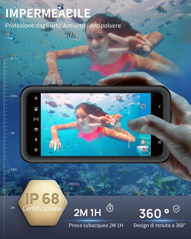 Detalle de Focusor Cover impermeabile IP68 per Samsung Galaxy A55 5G con protezione schermo e custodia subacquea, nero