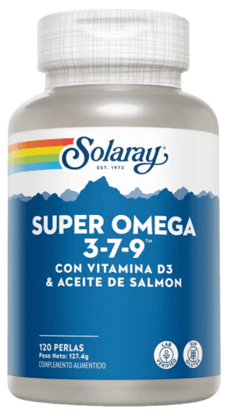Detalle de Solaray Super Omega 3-7-9 120 perlas: soporte con EPA/DHA, Omega 7, Omega 9 y vitamina D3