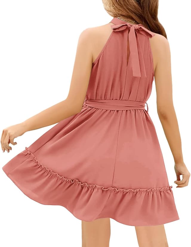 Detalle de Newffr Girl's Halter Neck Tie Waist A-Line Sundress (Mini Swing Pleated Dress) for Ages 4–12