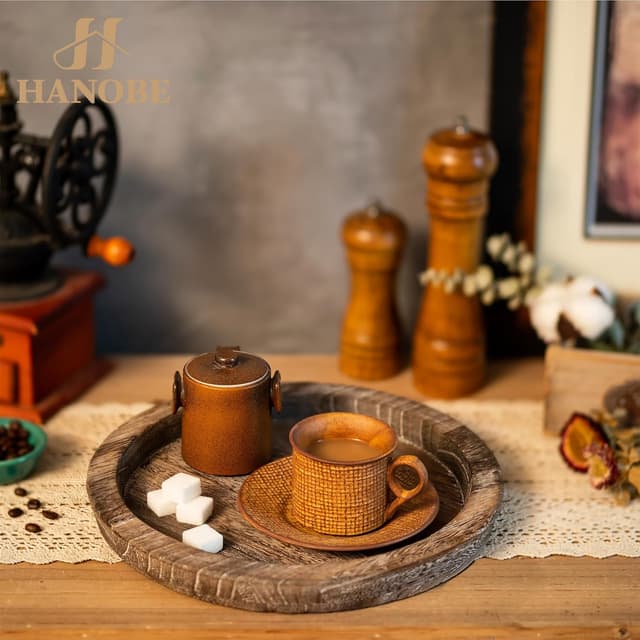 Thumbnail 6 de Hanobe Wooden Tray for Coffee Table Round Vintage Centerpiece